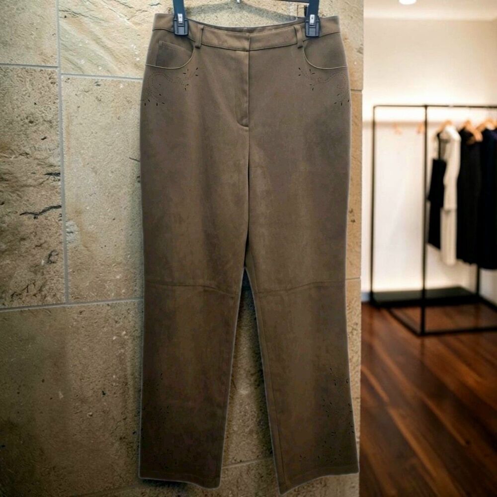 Talbots Stretch Faux Suede Pants Womens 10 Die-cut Detailing Brown Boho-Chic